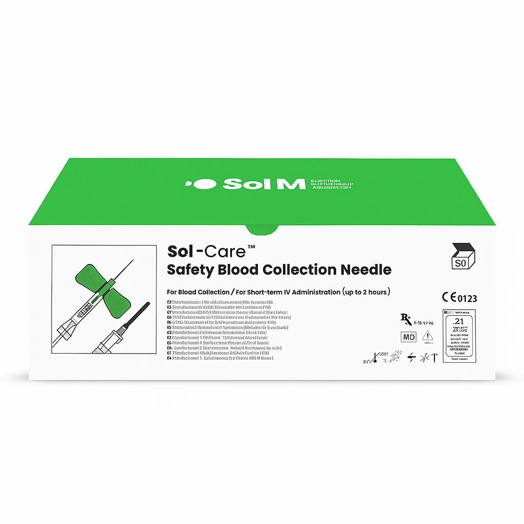 Aguja de extracción con palomilla y alargadera Sol-Care, estéril y desechable.