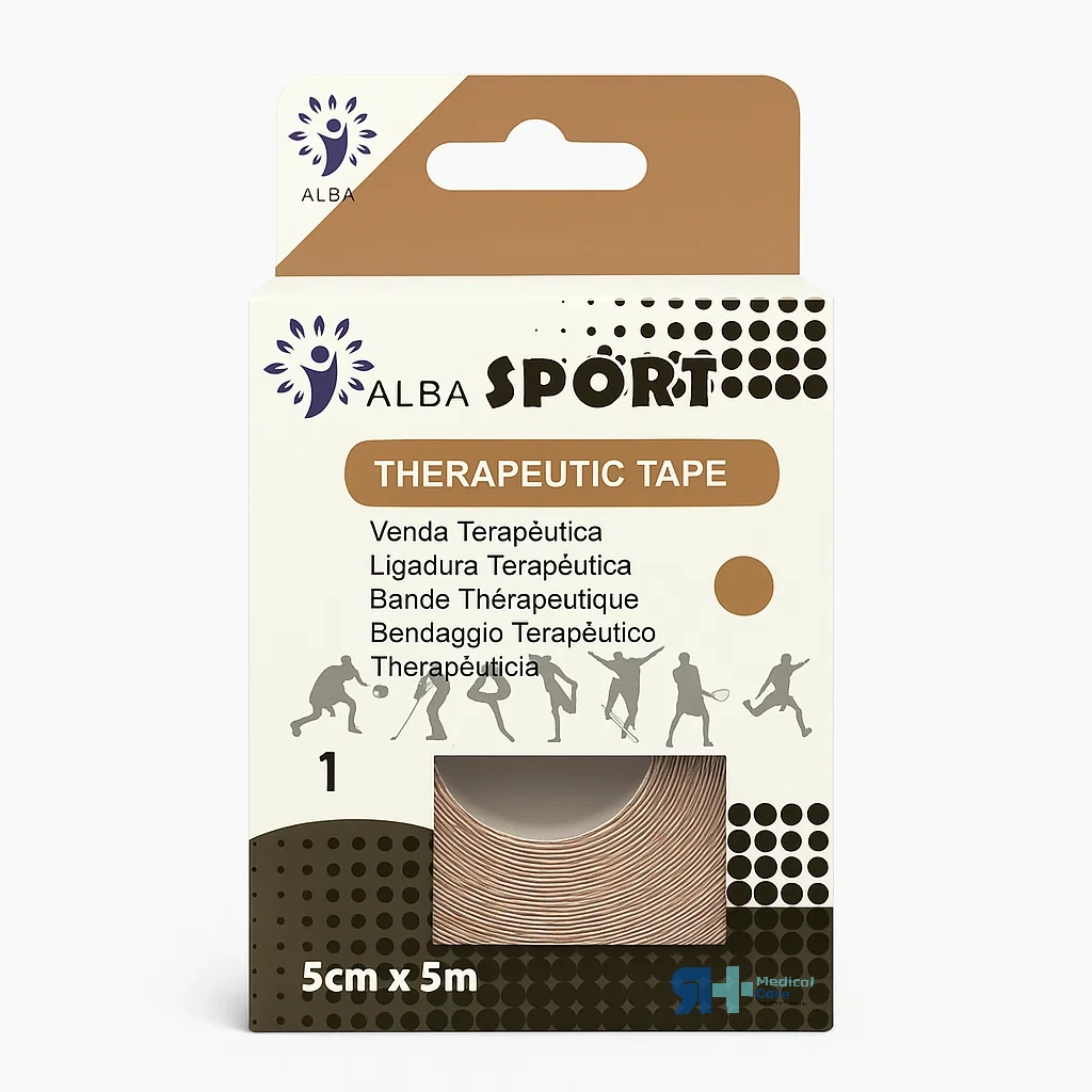 Caja de Venda Terapéutica Alba Sport color beige, perfecta para vendaje neuromuscular y tratamiento de lesiones.
