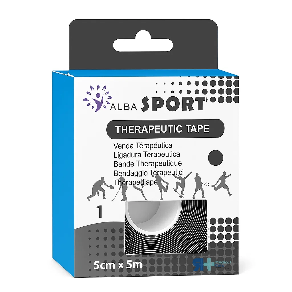Caja de Venda Terapéutica Alba Sport color negro, ideal para vendaje neuromuscular y fisioterapia.