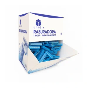 Rasuradoras de vello de 1 hoja Unidix con mango azul y cápsula protectora.