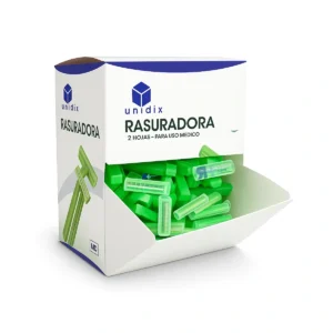 Caja abierta de rasuradoras desechables de 2 hojas alineadas.