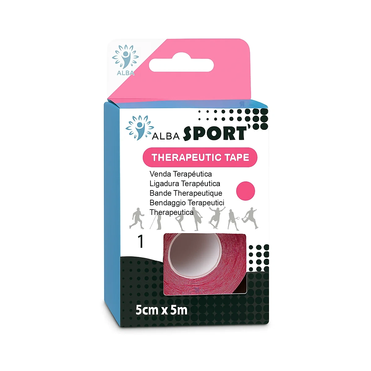 Caja de Venda Terapéutica Alba Sport color rosa, perfecta para vendaje neuromuscular y tratamiento de lesiones.