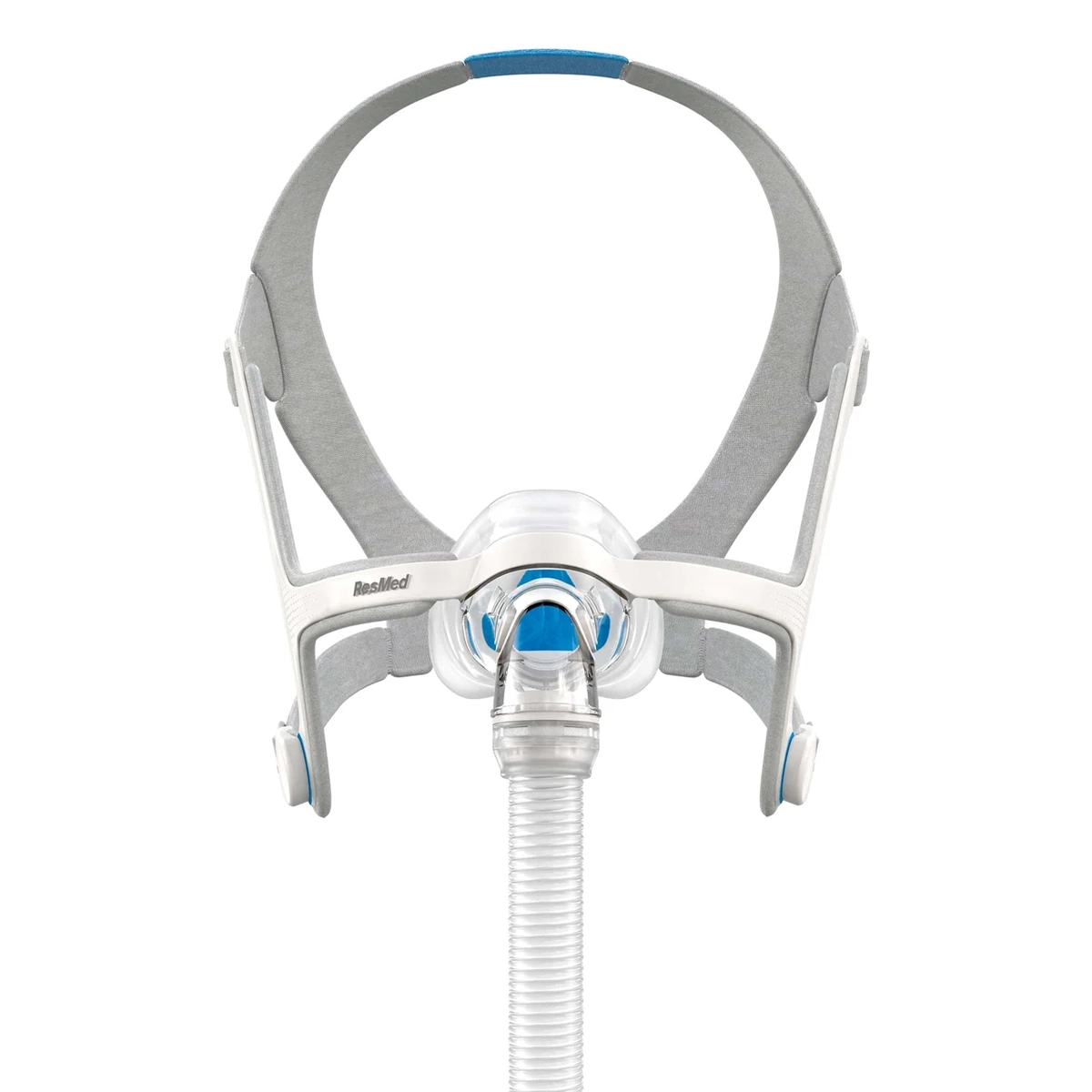 Mascarilla nasal CPAP ResMed AirFit N20 vista frontal con arnés y almohadilla InfinitySeal sobre fondo blanco