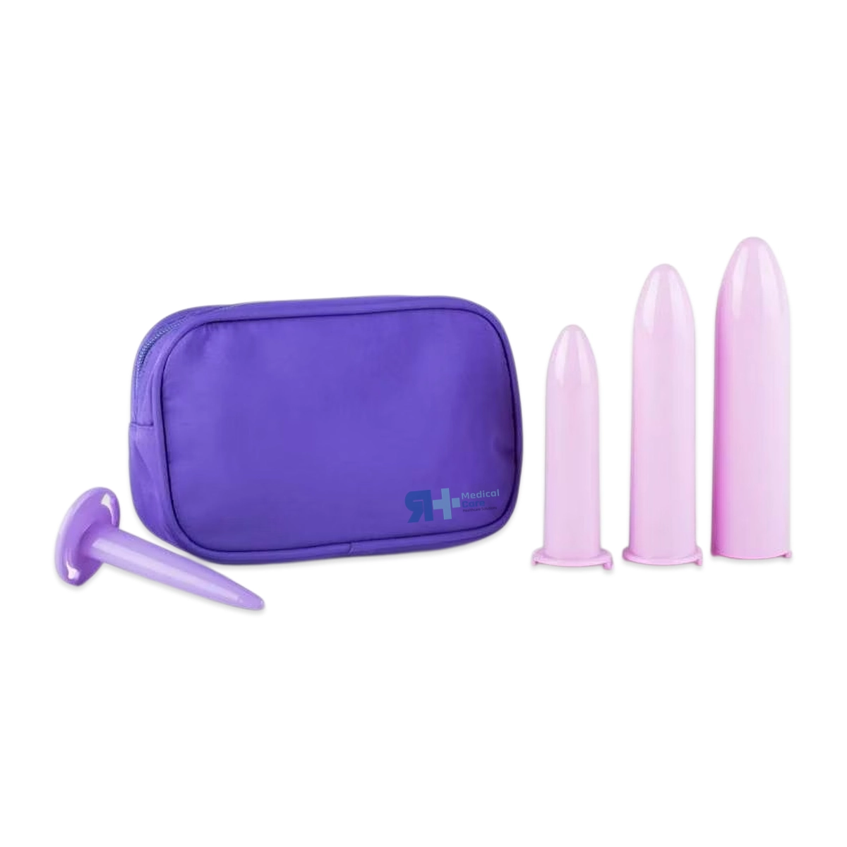Bolsa de transporte y tres dilatadores vaginales progresivos del kit Velvi Maxi sobre superficie blanca
