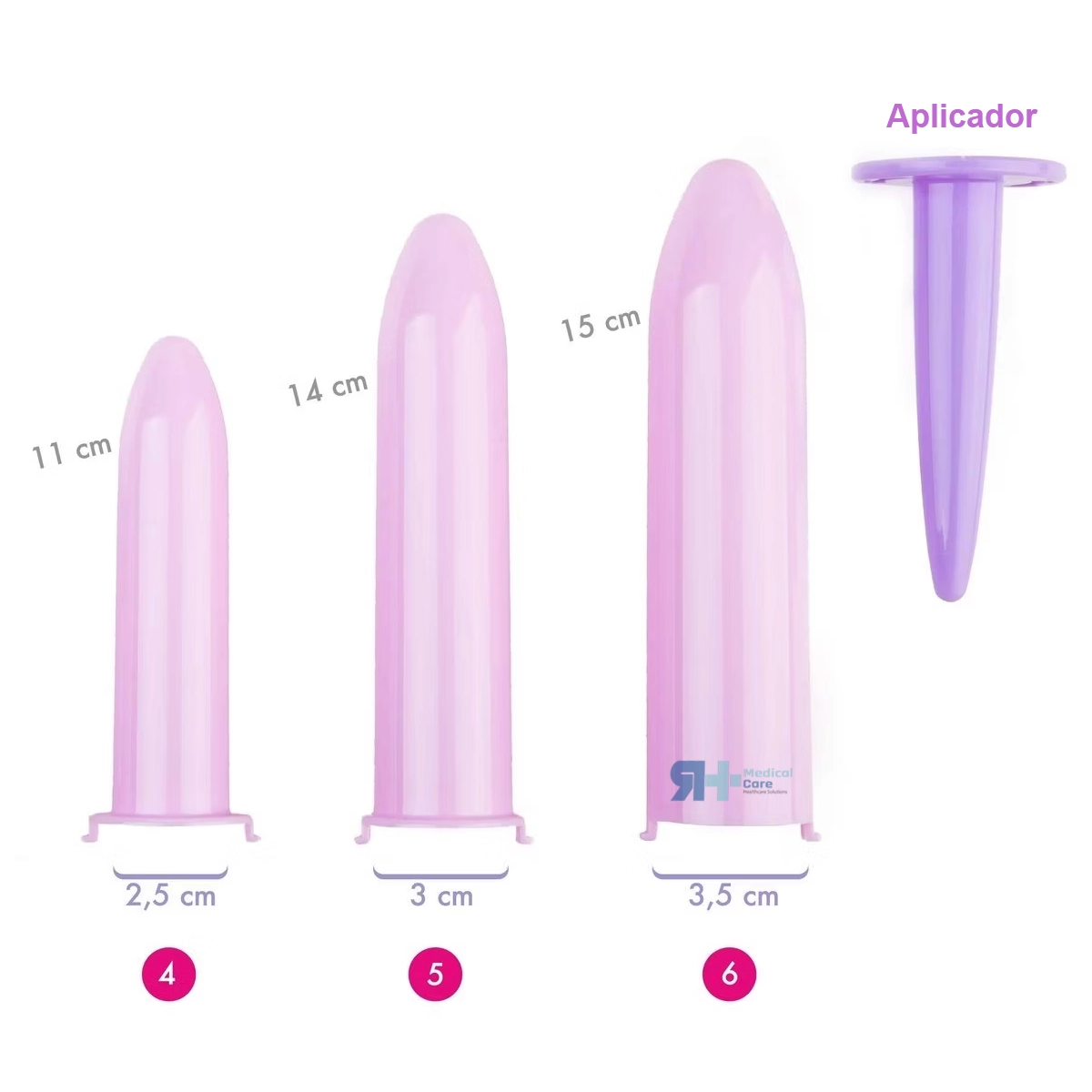 Comparativa de tamaños de los tres dilatadores vaginales Velvi Maxi con sus medidas de diámetro y longitud