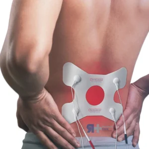 Electrodos TENS y EMS específicos para dolor de espalda sobre fondo blanco