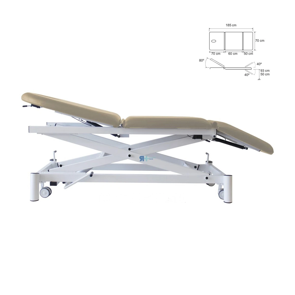 Camilla hidráulica H-415R con orificio facial, respaldo regulable + 80º, zona piernas +40º-40º y sin desplazamiento lateral