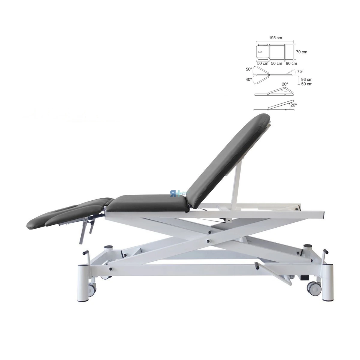 Camilla hidráulica H-424R con orificio facial, respaldo regulable + 50º -40º, zona lumbar +20º, zona piernas +75º y sin