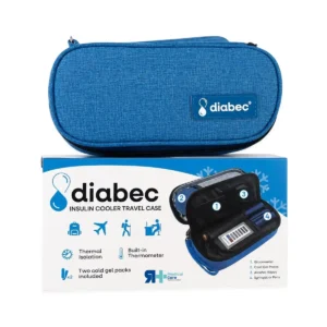 Bolsa de viaje para insulinas Diabec en color azul, abierto mostrando el interior aislante