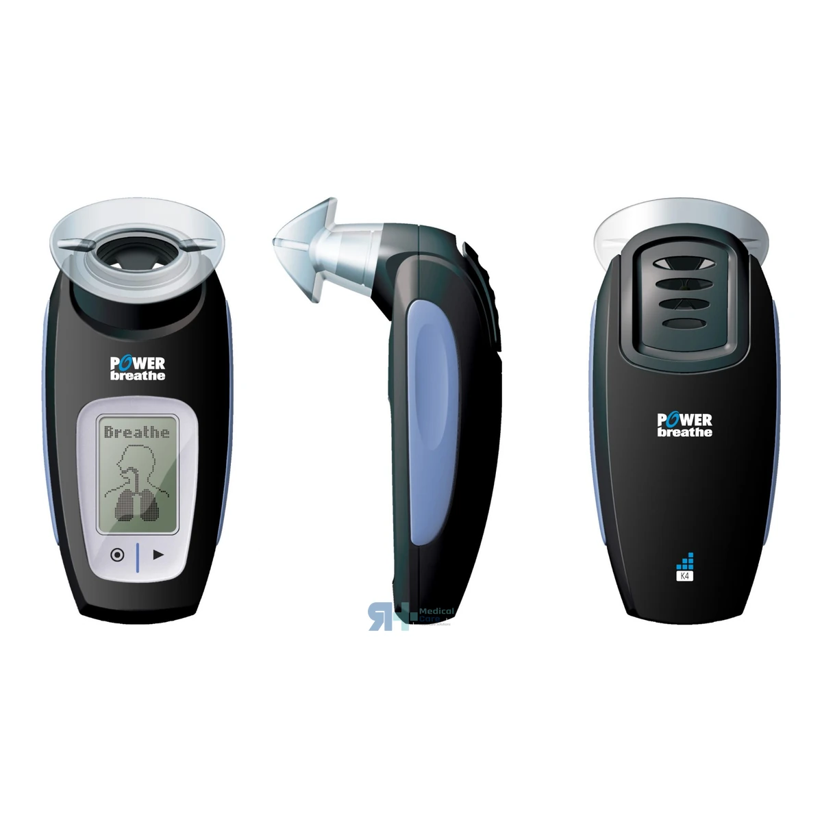 Tres vistas del POWERbreathe K4: frontal con pantalla, lateral con boquilla y trasera con rejilla y distintivo K4