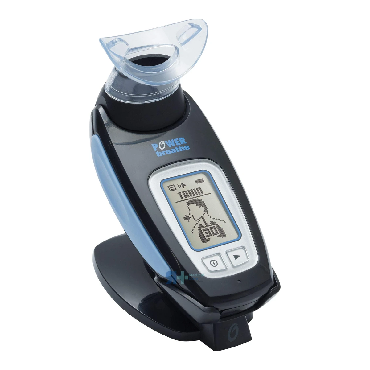 Ejercitador pulmonar POWERbreathe K4 negro y azul colocado sobre su base, con la pantalla en modo de entrenamiento
