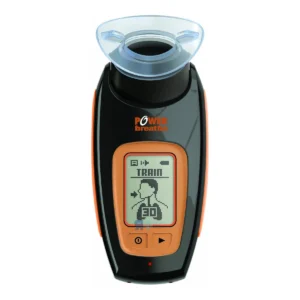 Vista frontal del POWERbreathe K5 con boquilla transparente y pantalla mostrando una sesión de 30 respiraciones